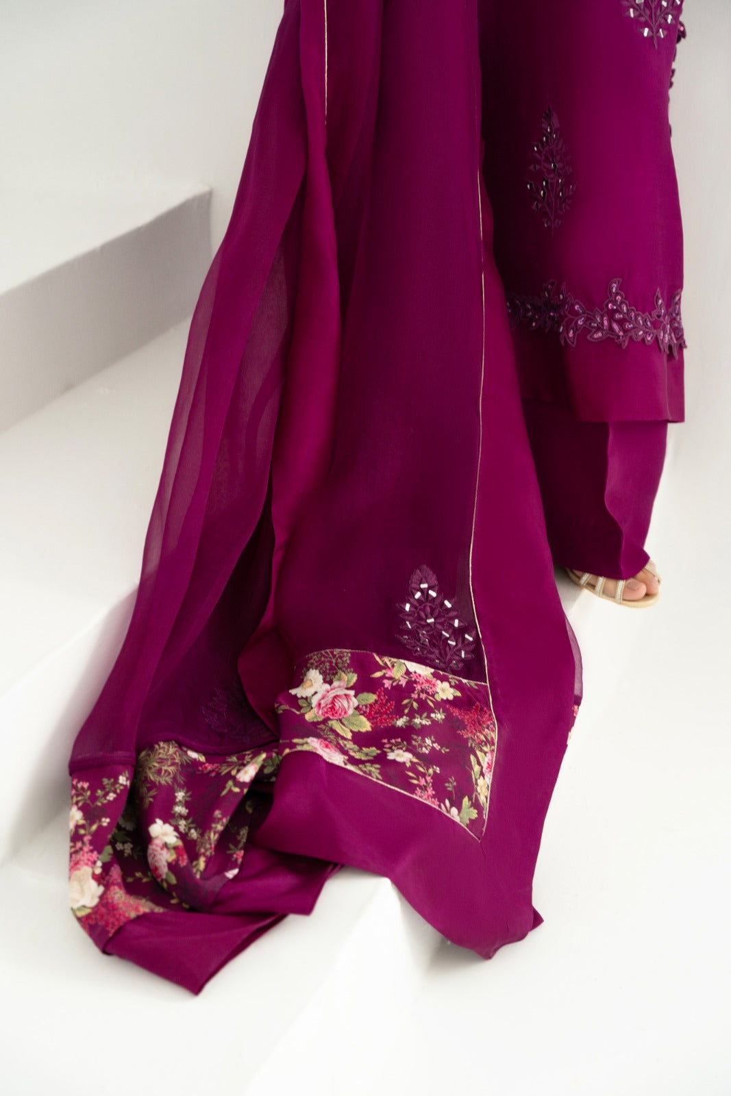 Pakistani Magenta Purple Mirror Work Raw Silk Salwar Kameez (3-Piece) - Image 4