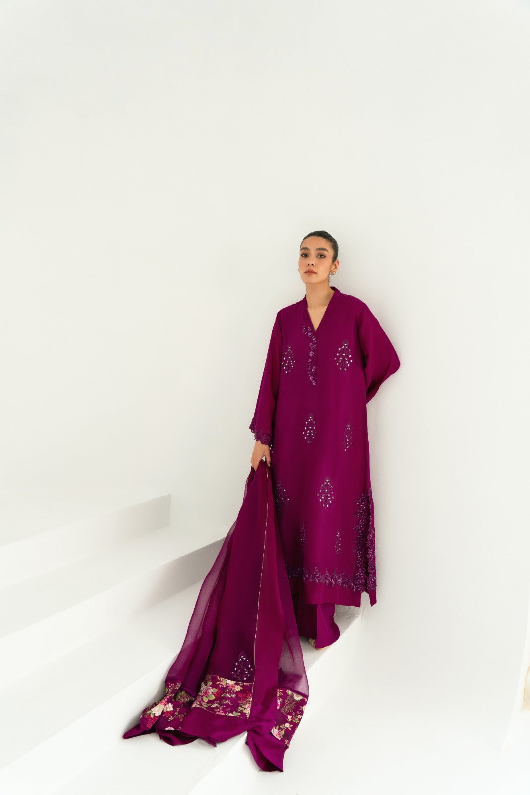 Pakistani Magenta Purple Mirror Work Raw Silk Salwar Kameez (3-Piece) - Image 5