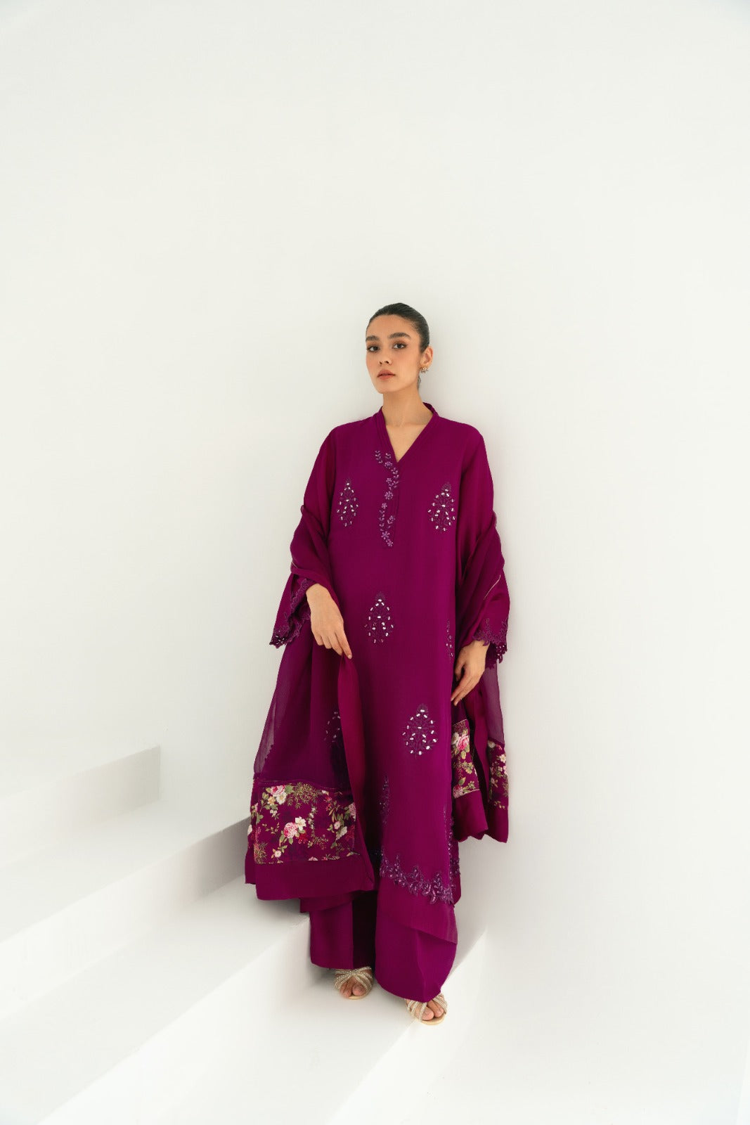 Pakistani Magenta Purple Mirror Work Raw Silk Salwar Kameez (3-Piece) - Image 6
