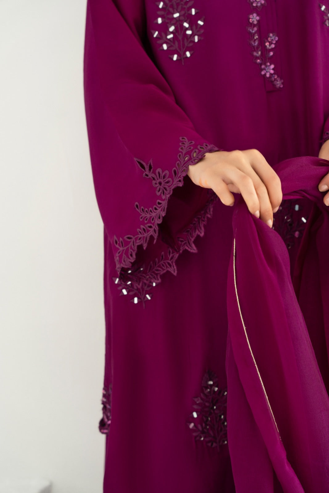 Pakistani Magenta Purple Mirror Work Raw Silk Salwar Kameez (3-Piece) - Image 7