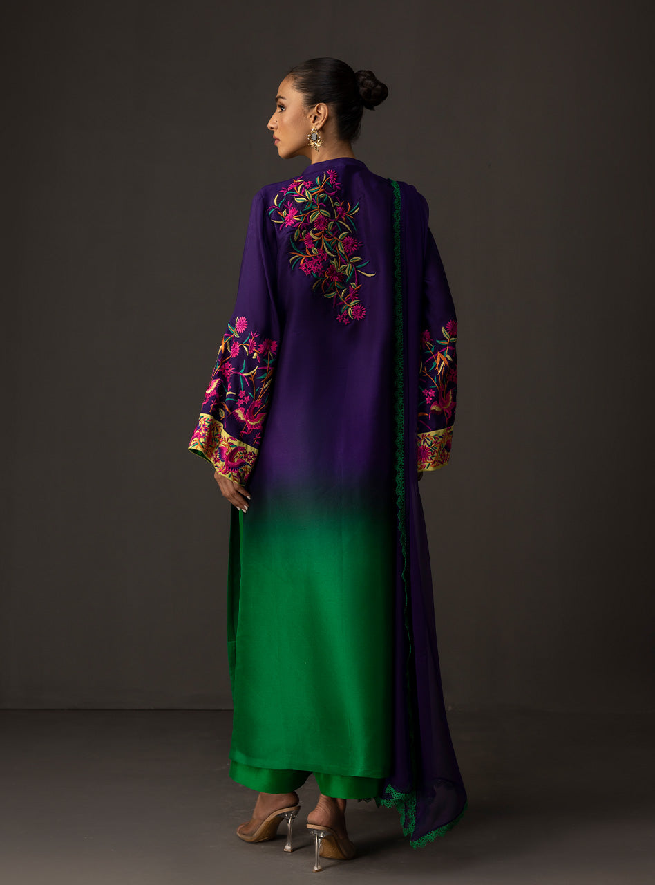 Pakistani Amethyst Emerald Embroidered Raw Silk Salwar Kameez (3-Piece) - Image 2