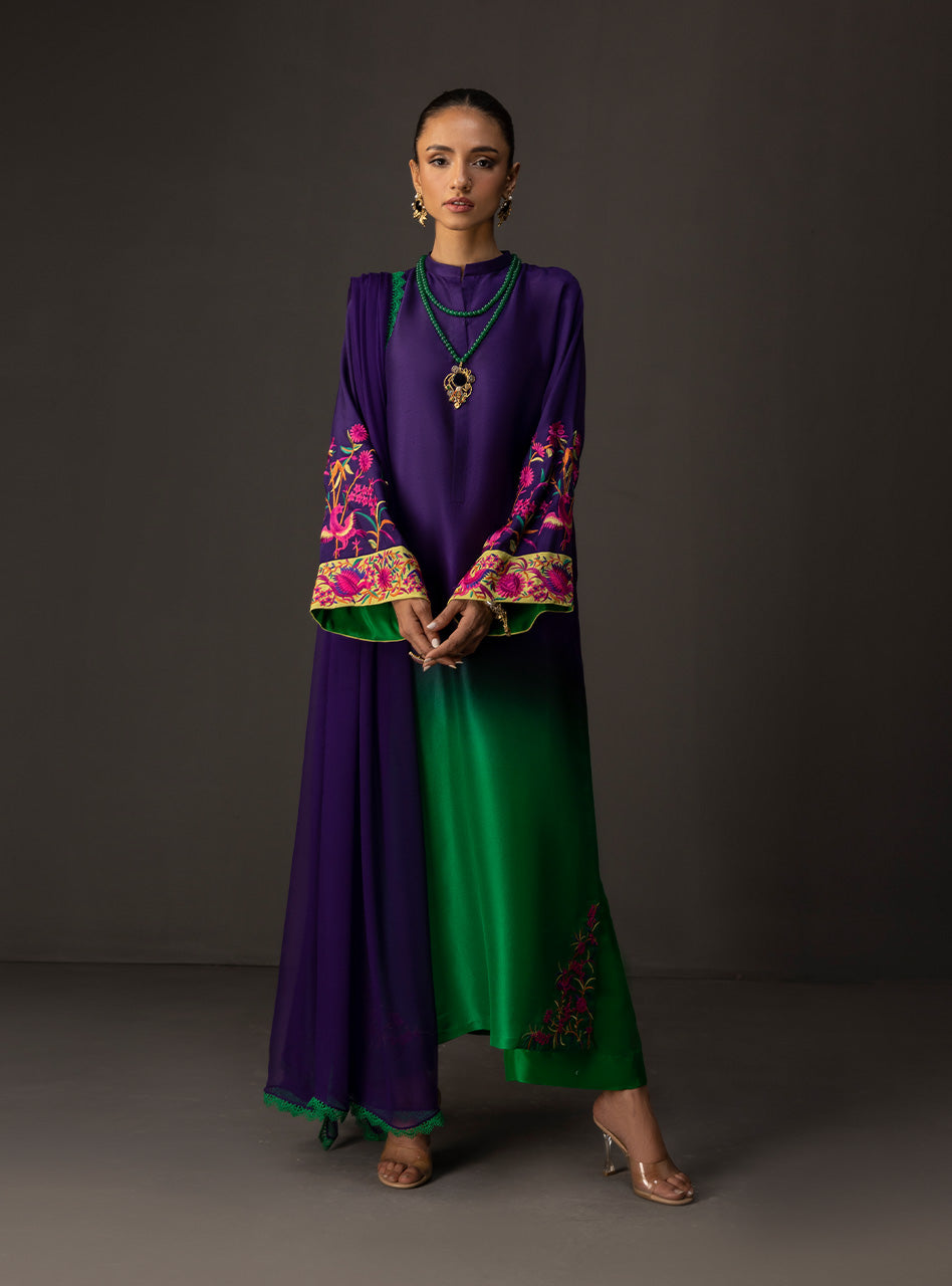 Pakistani Amethyst Emerald Embroidered Raw Silk Salwar Kameez (3-Piece) - Image 8