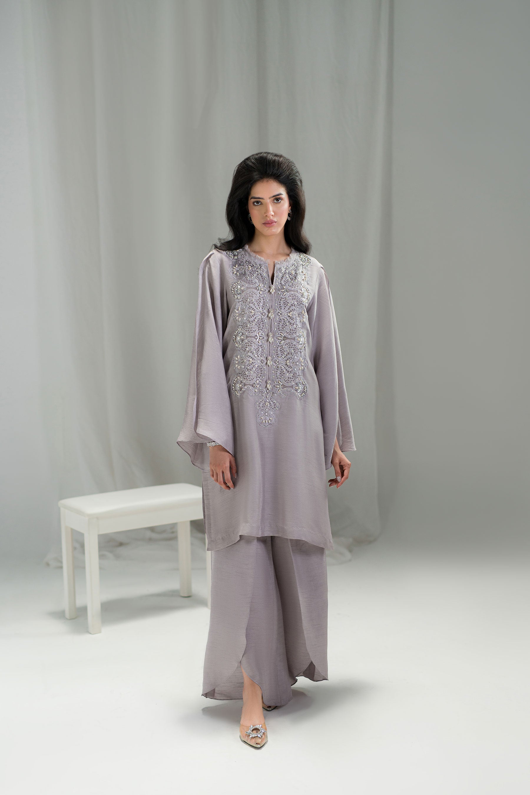 Pakistani Violet Sky Embellished Raw Silk Salwar Kameez (3-Piece) - Image 1