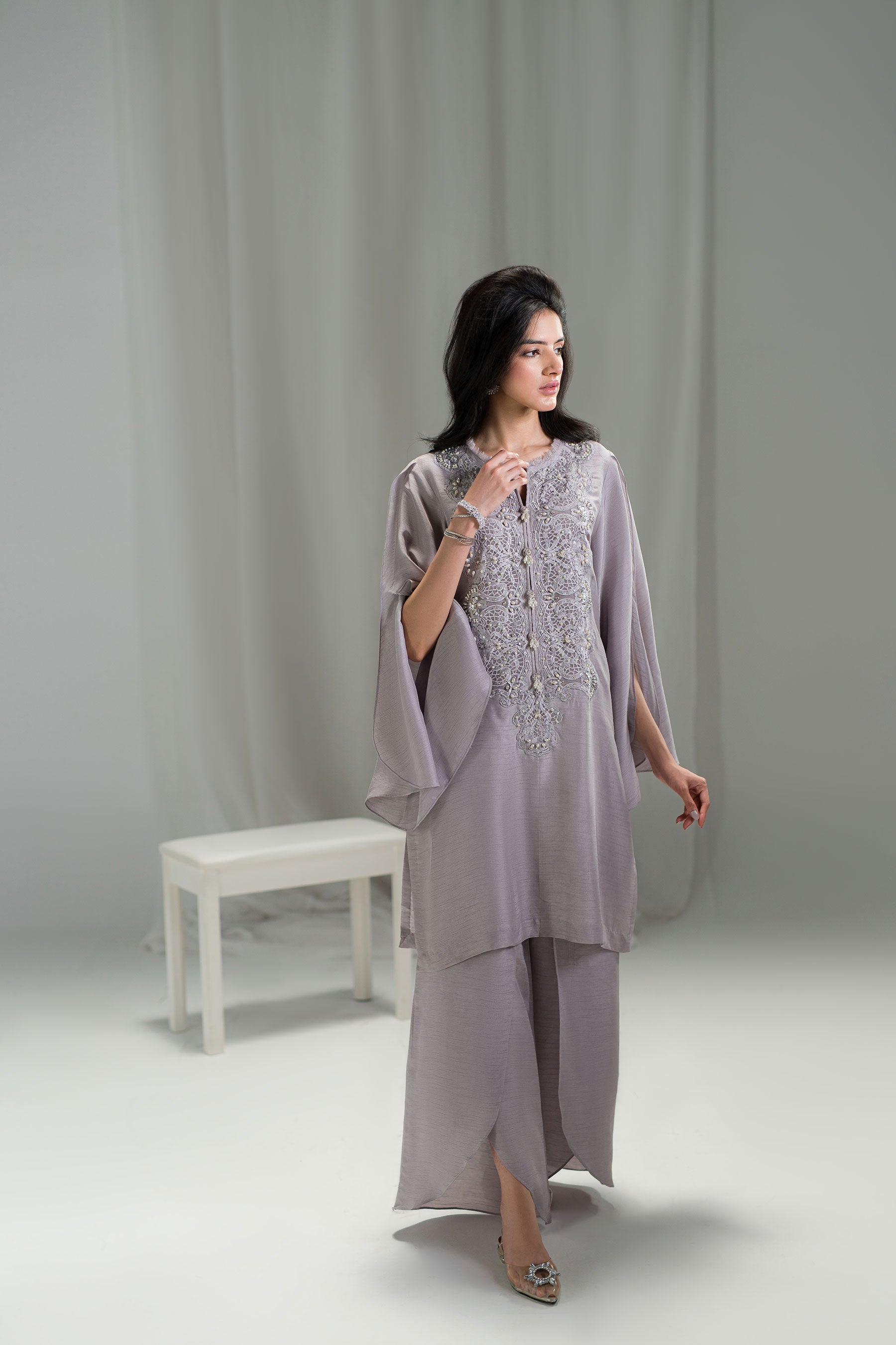 Pakistani Violet Sky Embellished Raw Silk Salwar Kameez (3-Piece) - Image 2
