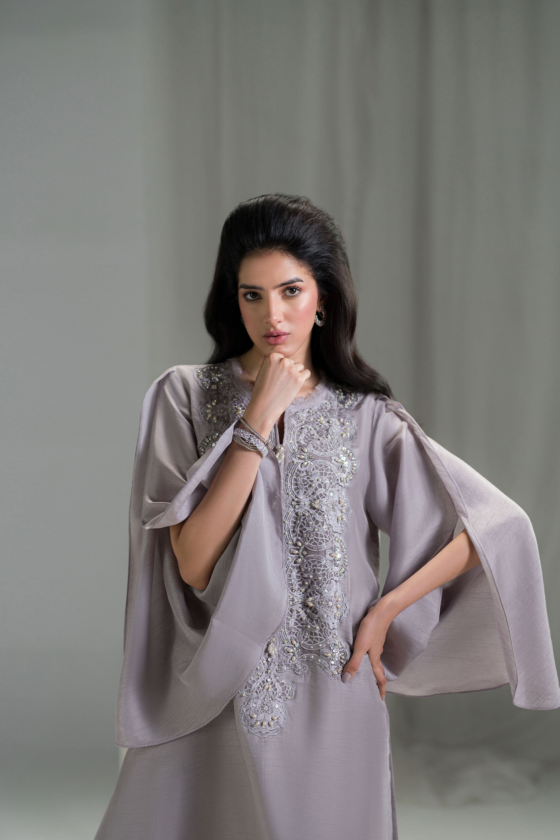 Pakistani Violet Sky Embellished Raw Silk Salwar Kameez (3-Piece) - Image 3