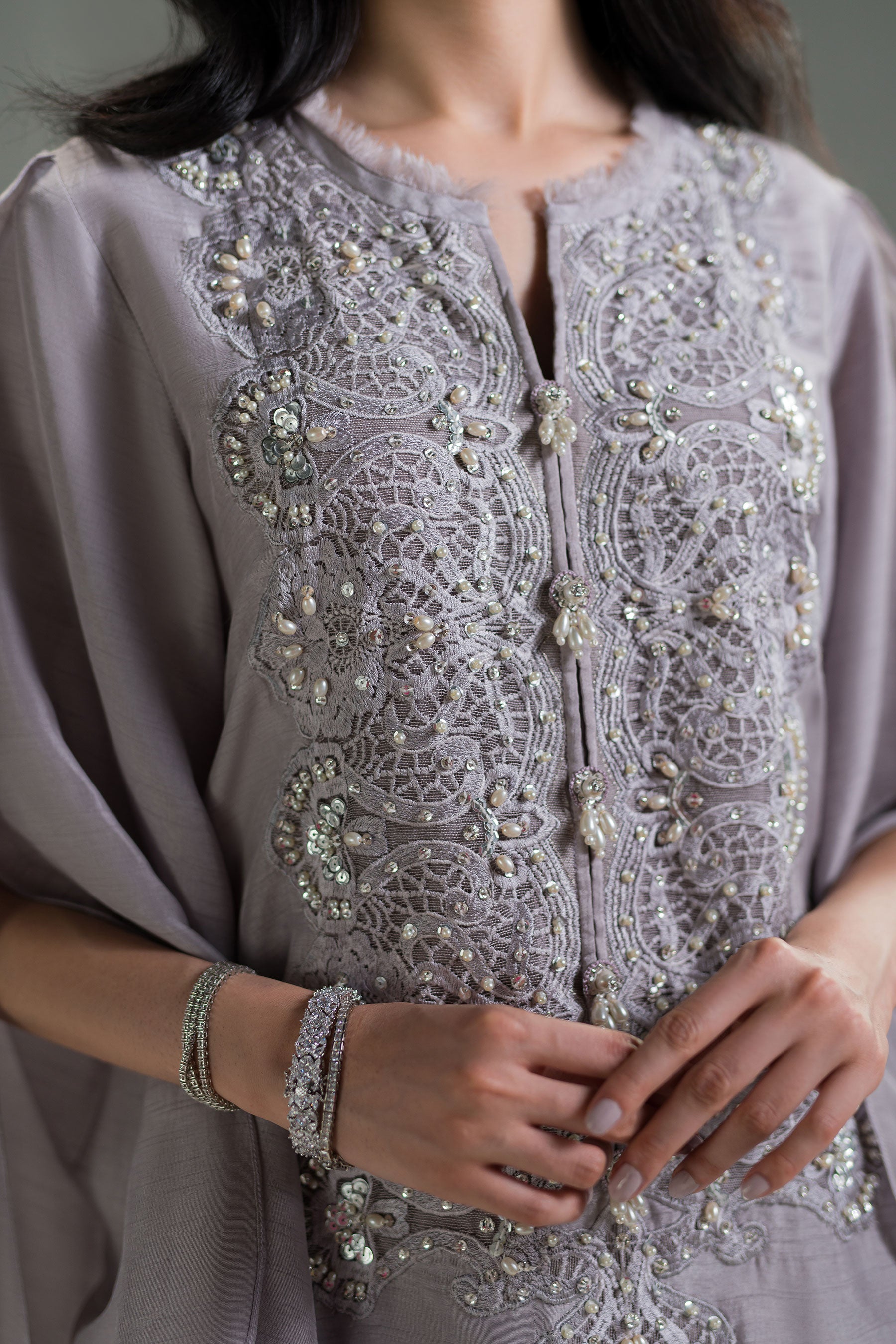 Pakistani Violet Sky Embellished Raw Silk Salwar Kameez (3-Piece) - Image 4