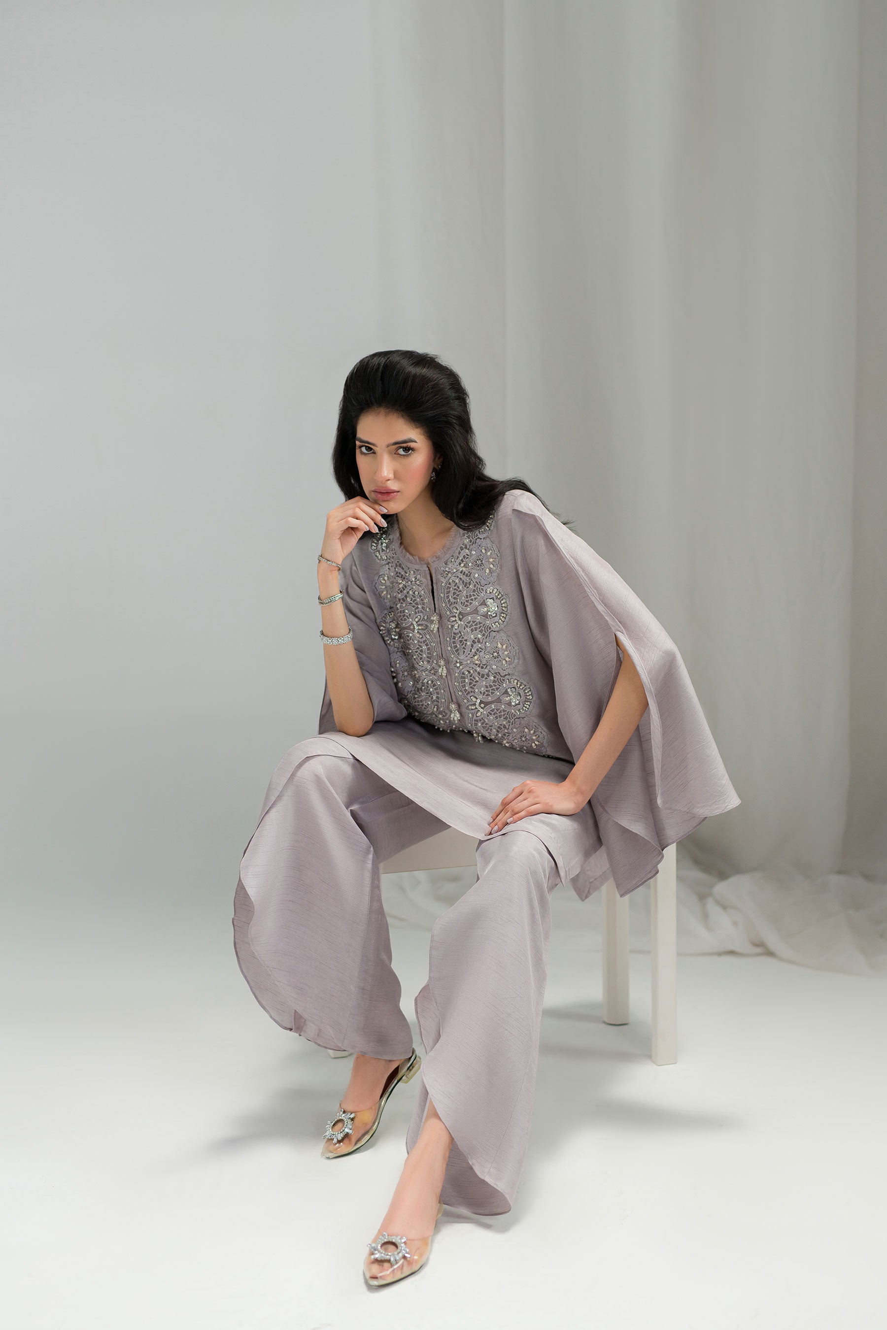 Pakistani Violet Sky Embellished Raw Silk Salwar Kameez (3-Piece) - Image 6