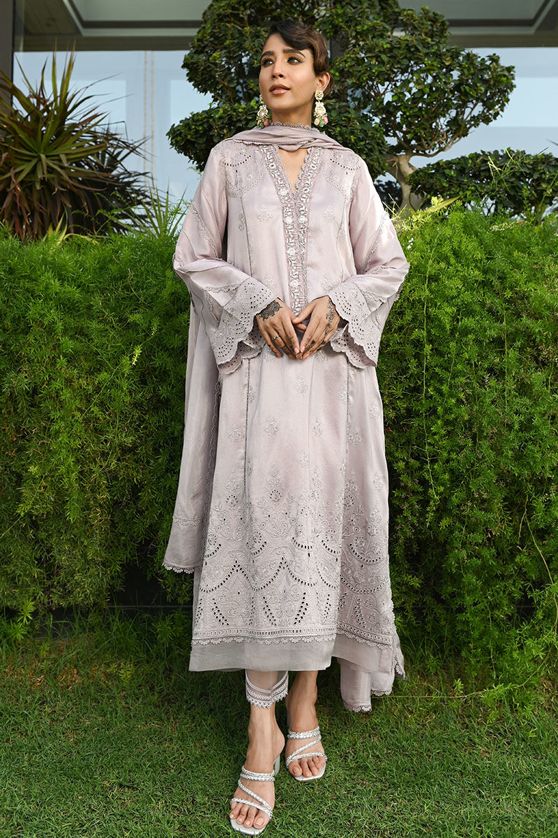 Deep Lilac Schiffli Raw Silk Salwar Kameez (3-Piece) - Image 1
