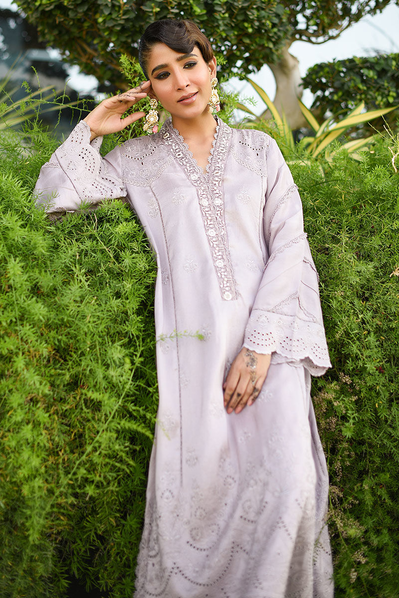 Deep Lilac Schiffli Raw Silk Salwar Kameez (3-Piece) - Image 5