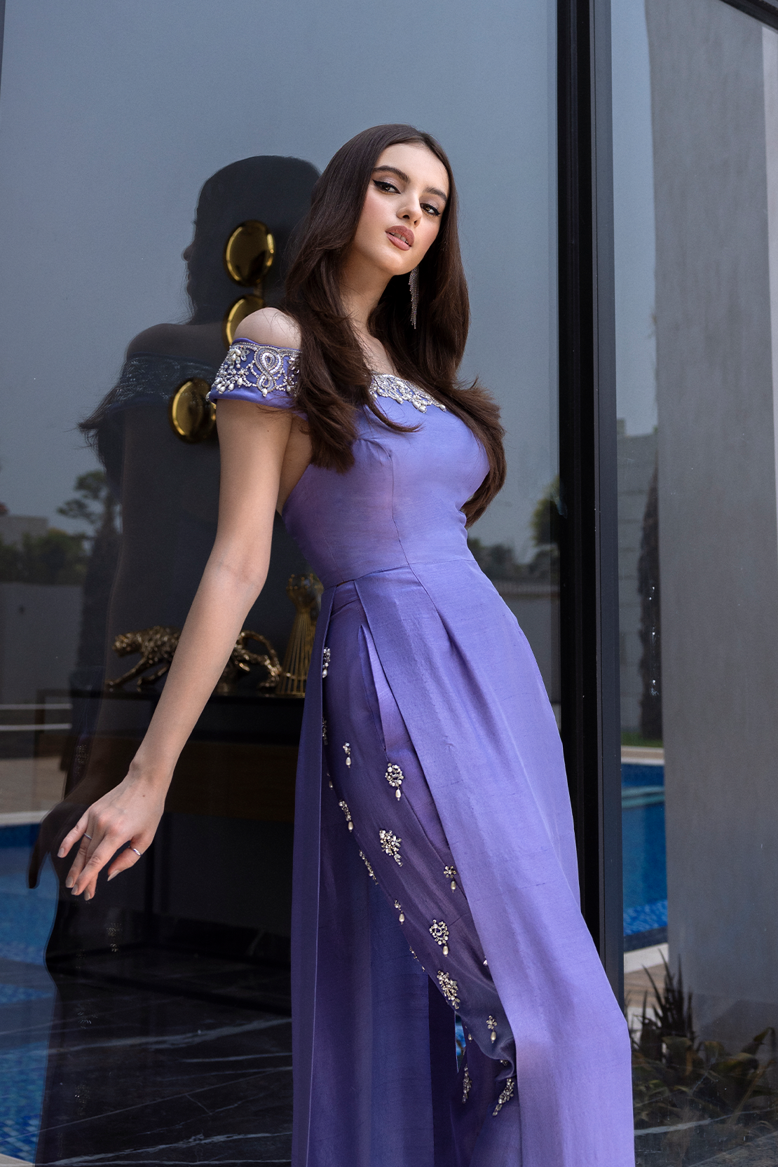 Purple Embellished Raw Silk Off-Shoulder Salwar Kameez (2-Piece) - Image 10