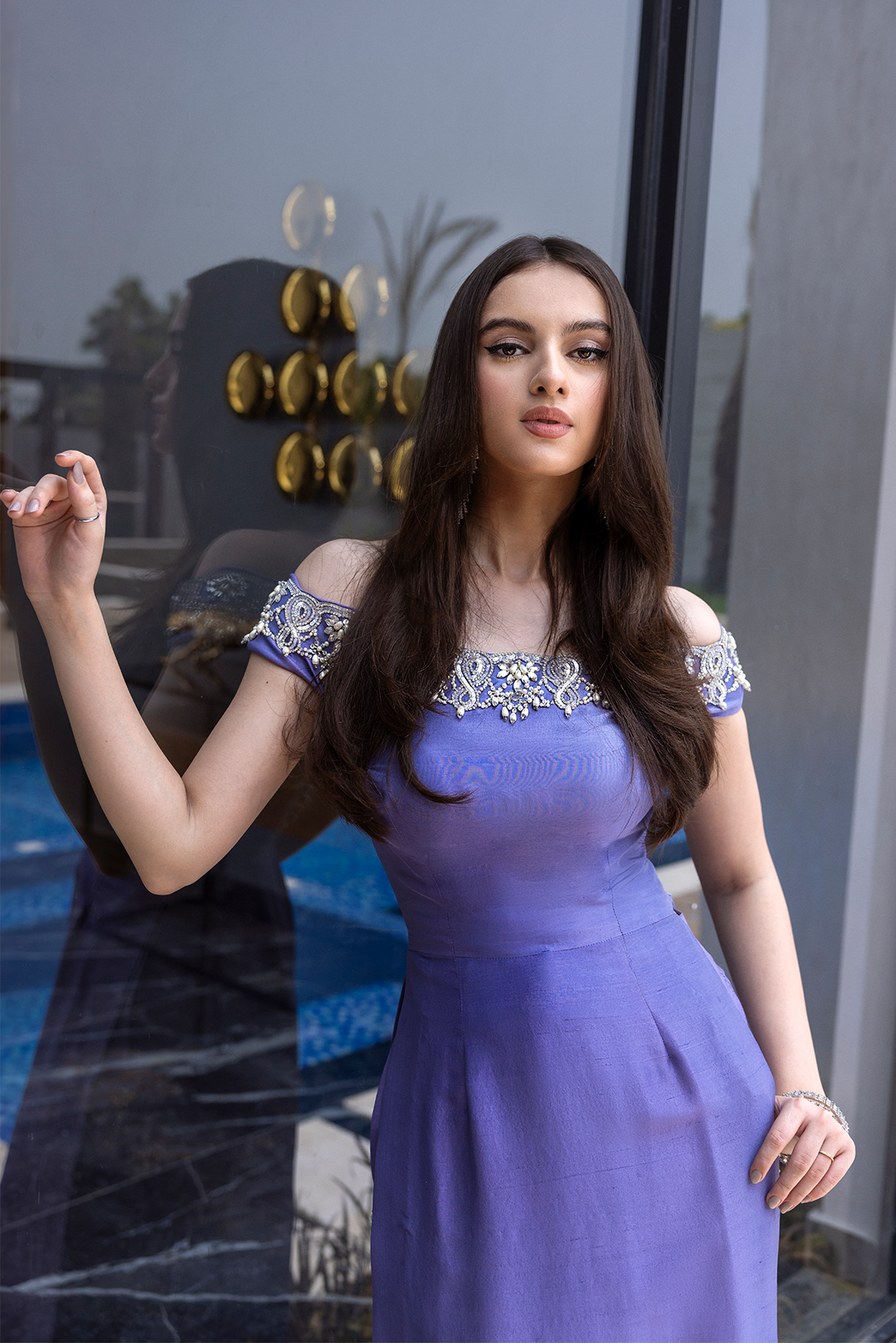 Purple Embellished Raw Silk Off-Shoulder Salwar Kameez (2-Piece) - Image 11