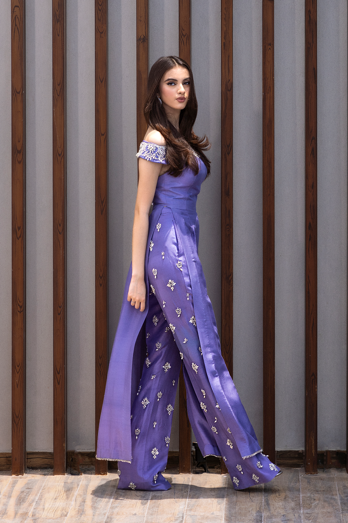 Purple Embellished Raw Silk Off-Shoulder Salwar Kameez (2-Piece) - Image 5