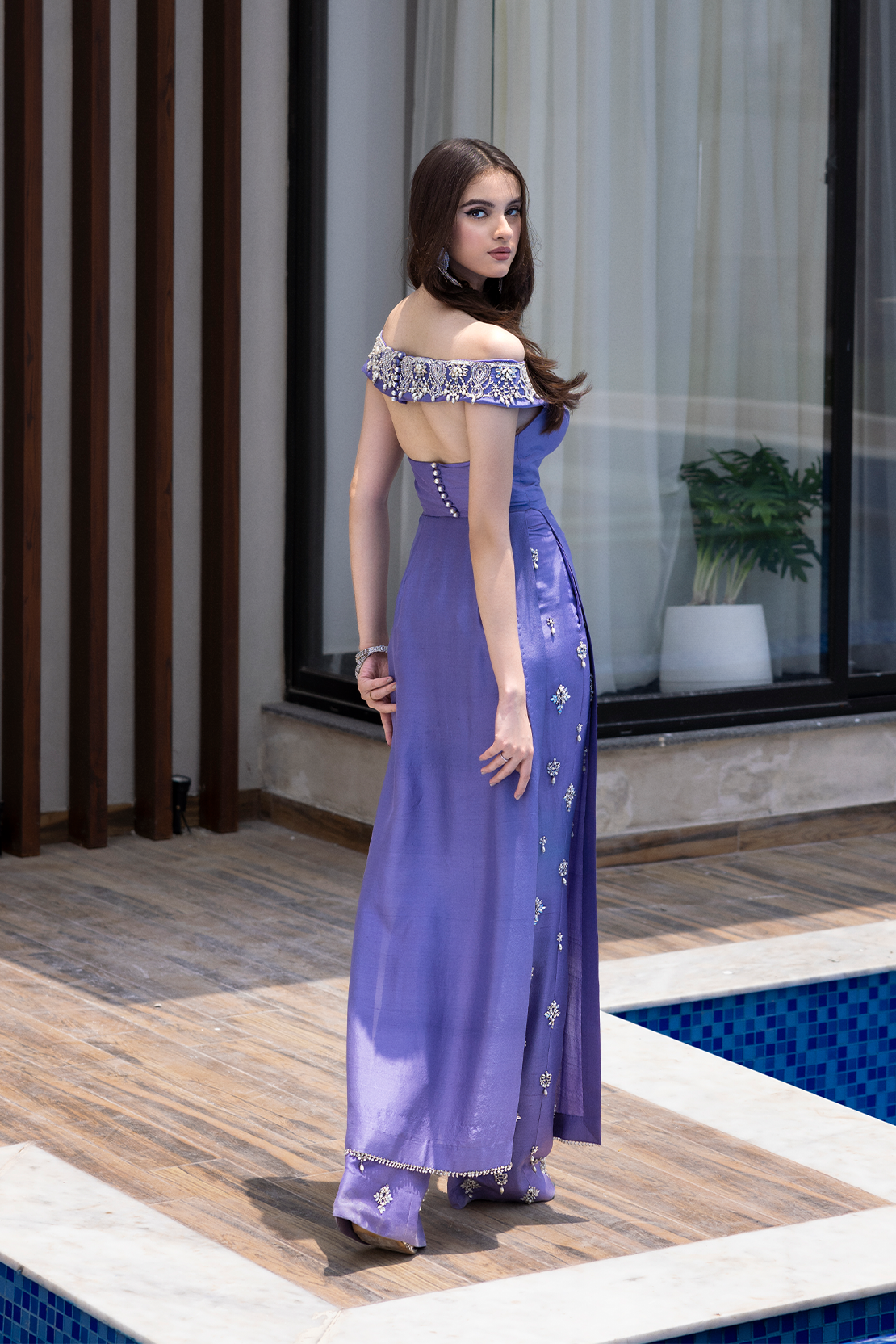 Purple Embellished Raw Silk Off-Shoulder Salwar Kameez (2-Piece) - Image 6