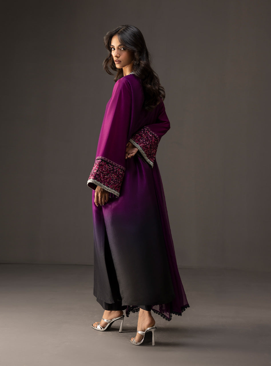 Plum to Black Embroidered Raw Silk Salwar Kameez (3-Piece) - Image 2