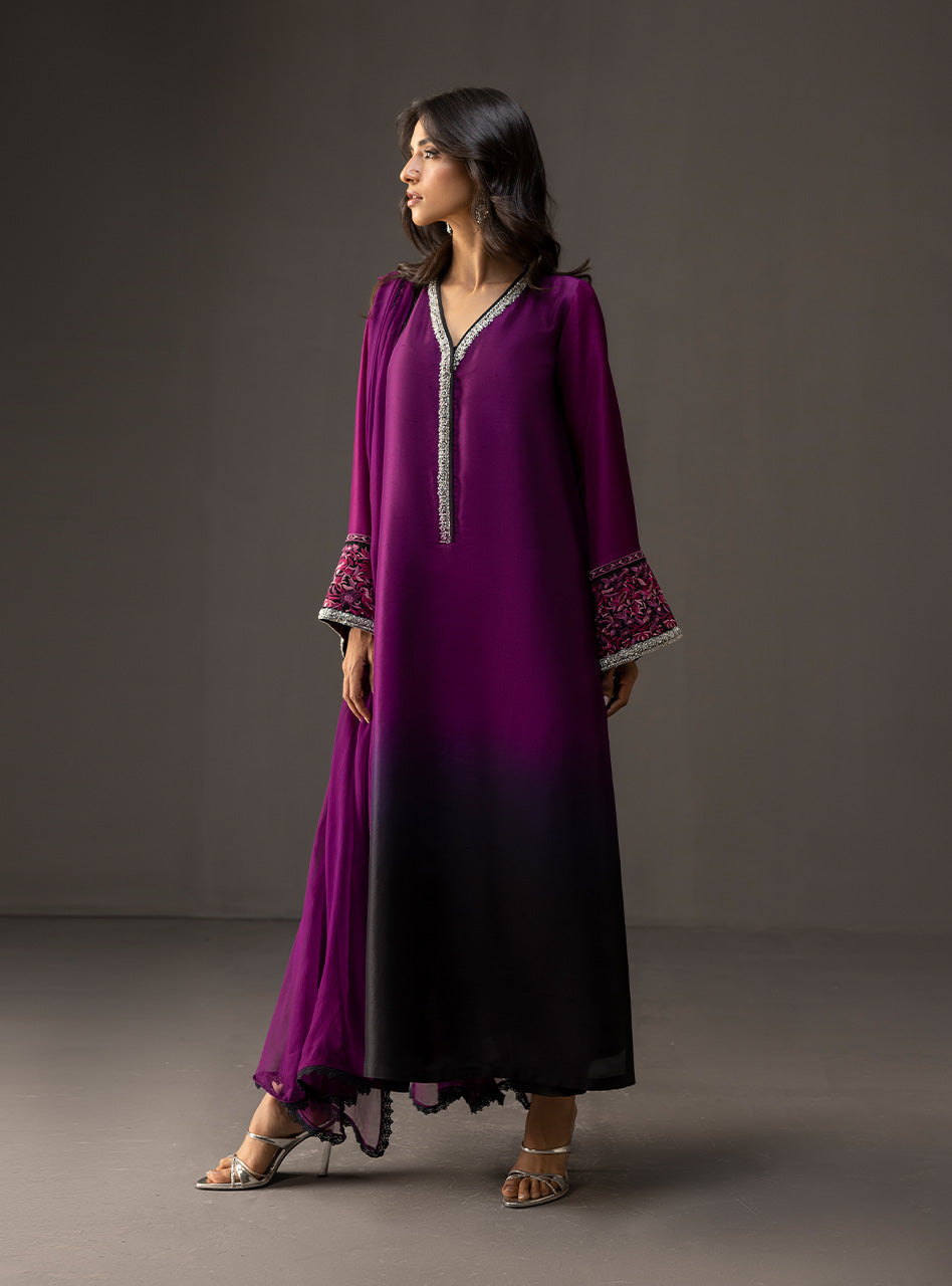 Plum to Black Embroidered Raw Silk Salwar Kameez (3-Piece) - Image 5