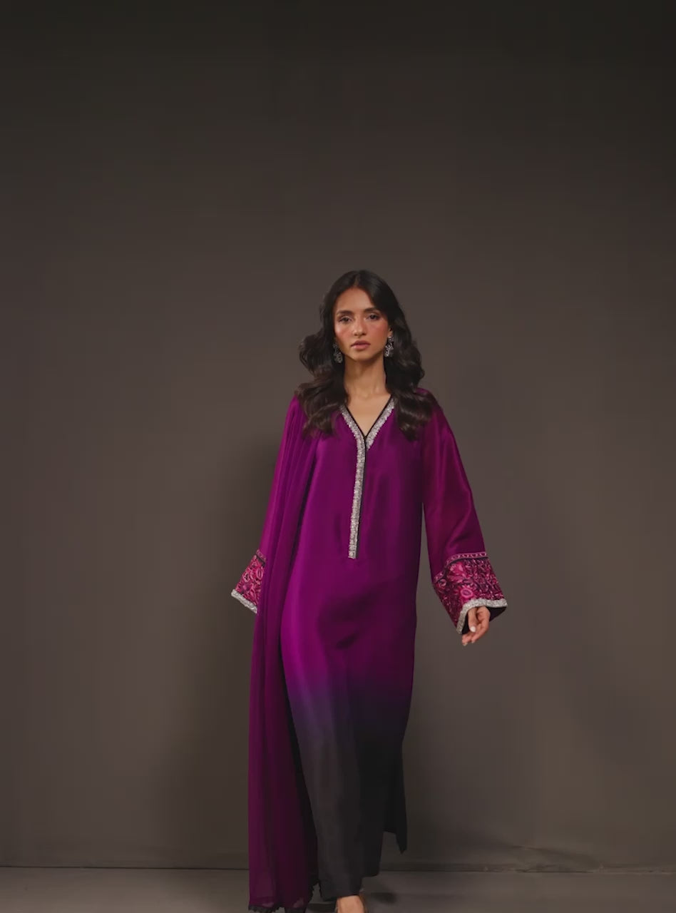 Pakistani Plum to Black Embroidered Raw Silk Kurta Set (3-Piece) - Image 6