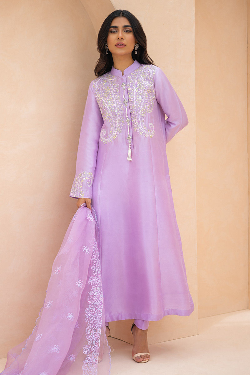Pakistani Lilac Paisley Embroidered Raw Silk Salwar Kameez (3-Piece) - Image 1