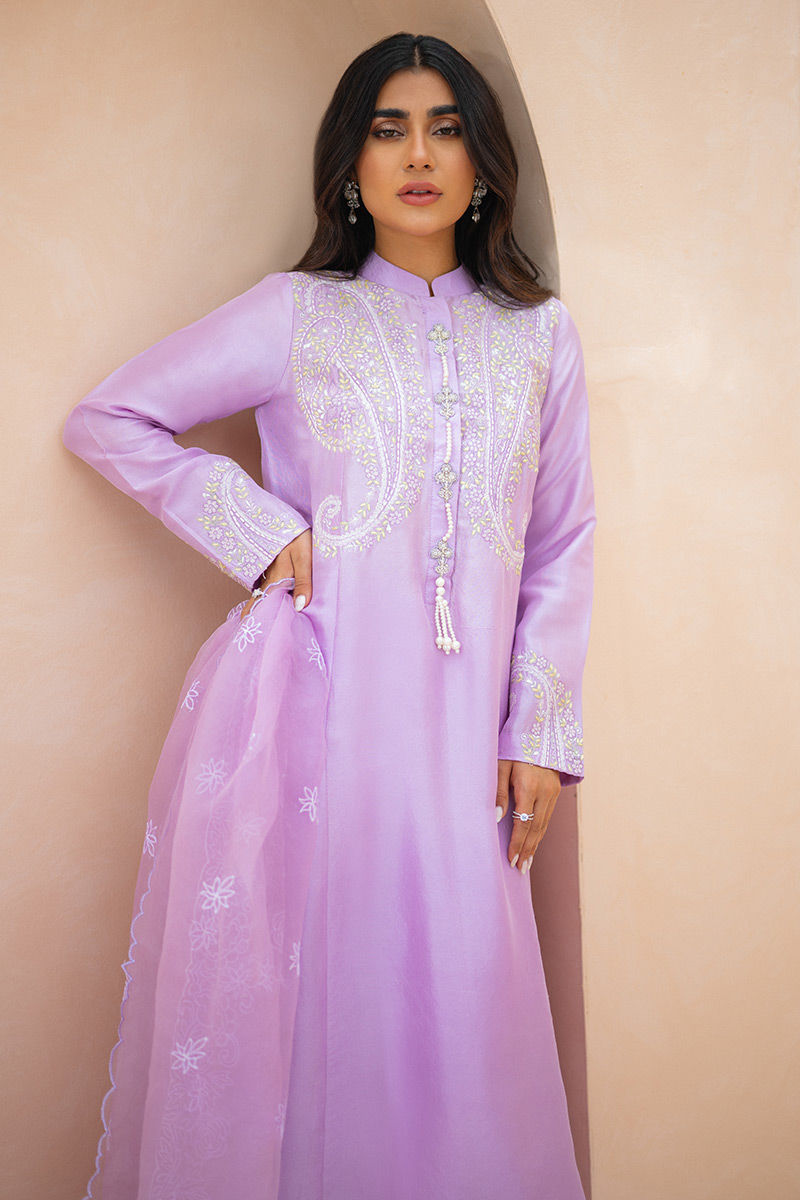 Pakistani Lilac Paisley Embroidered Raw Silk Salwar Kameez (3-Piece) - Image 2