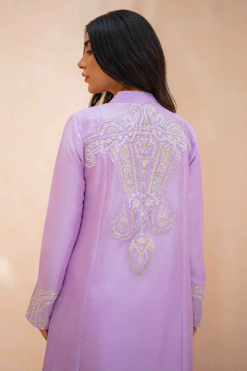Pakistani Lilac Paisley Embroidered Raw Silk Salwar Kameez (3-Piece) - Image 3