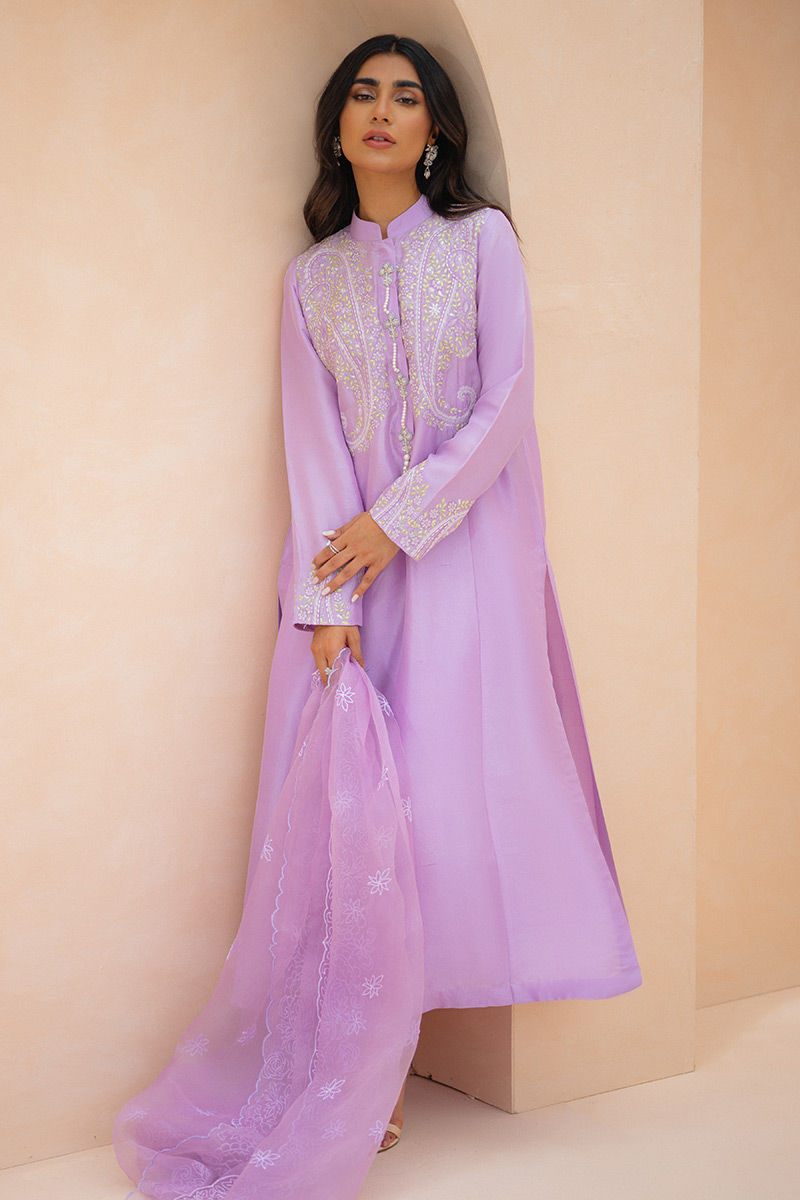 Pakistani Lilac Paisley Embroidered Raw Silk Salwar Kameez (3-Piece) - Image 5