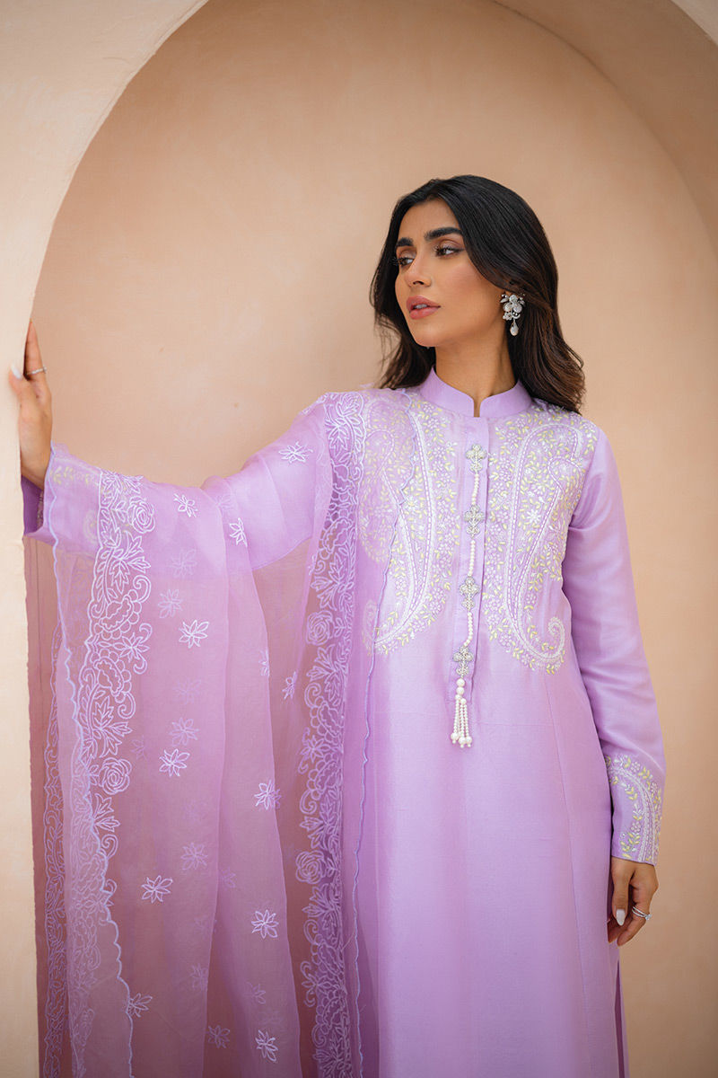 Pakistani Lilac Paisley Embroidered Raw Silk Salwar Kameez (3-Piece) - Image 6