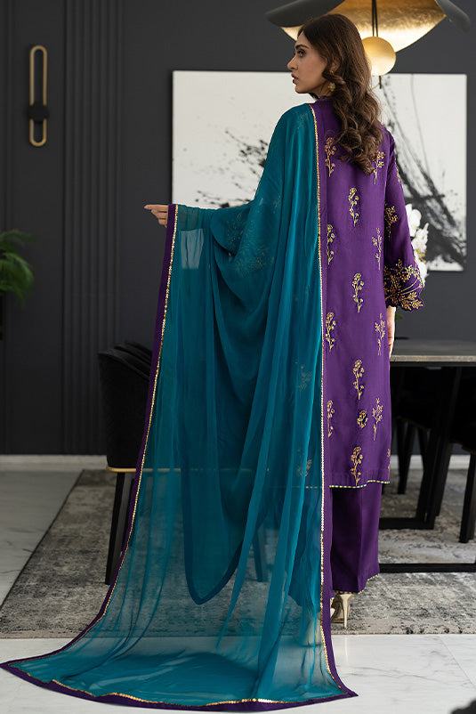 Purple Embroidered Raw Silk Salwar Kameez (3-Piece) - Image 1