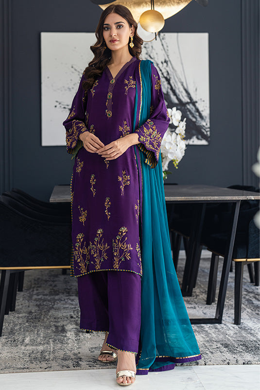 Purple Embroidered Raw Silk Salwar Kameez (3-Piece) - Image 2