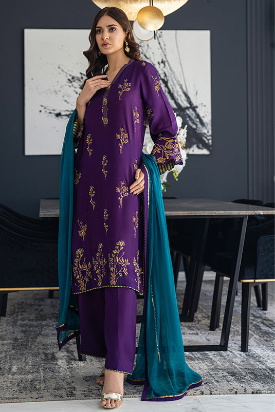 Purple Embroidered Raw Silk Salwar Kameez (3-Piece) - Image 3