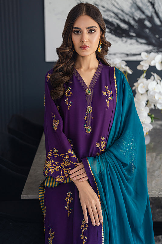 Purple Embroidered Raw Silk Salwar Kameez (3-Piece) - Image 4