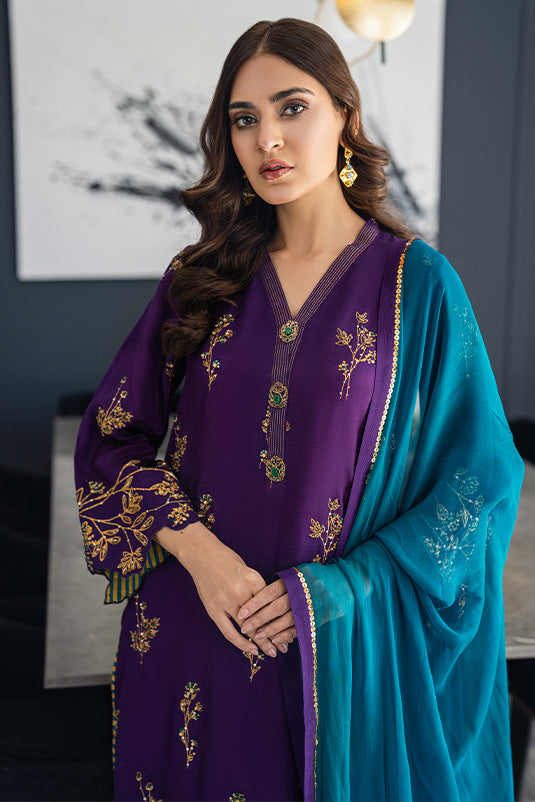 Purple Embroidered Raw Silk Salwar Kameez (3-Piece) - Image 5