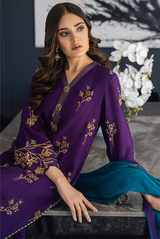 Purple Embroidered Raw Silk Salwar Kameez (3-Piece) - Image 6