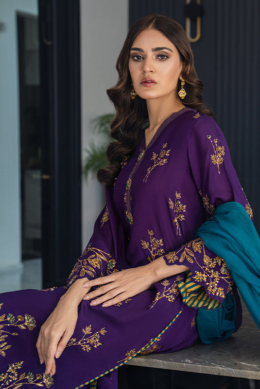 Purple Embroidered Raw Silk Salwar Kameez (3-Piece) - Image 7