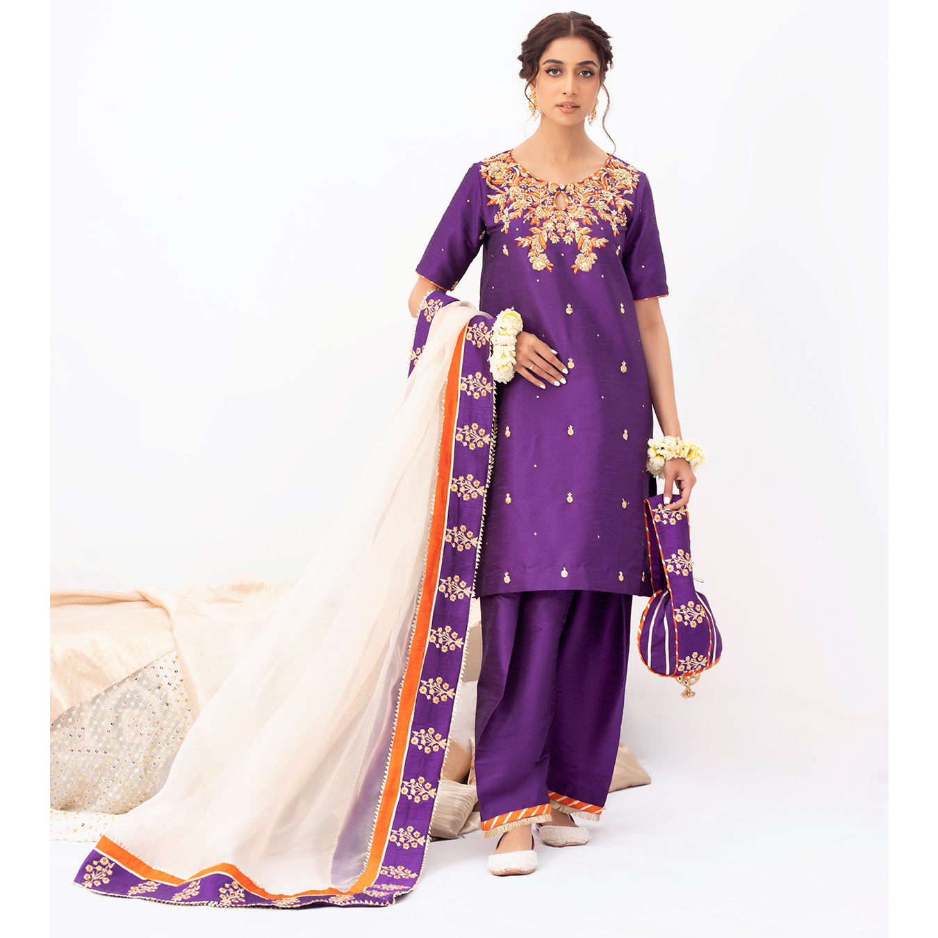 Pakistani Electric Purple Embroidered Raw Silk Shalwar Kameez (4-Piece) - Image 1
