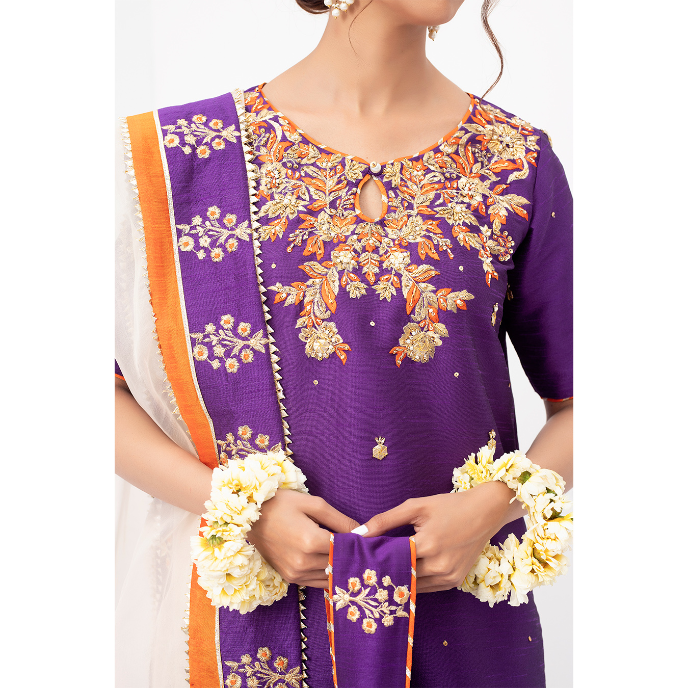 Pakistani Electric Purple Embroidered Raw Silk Shalwar Kameez (4-Piece) - Image 2