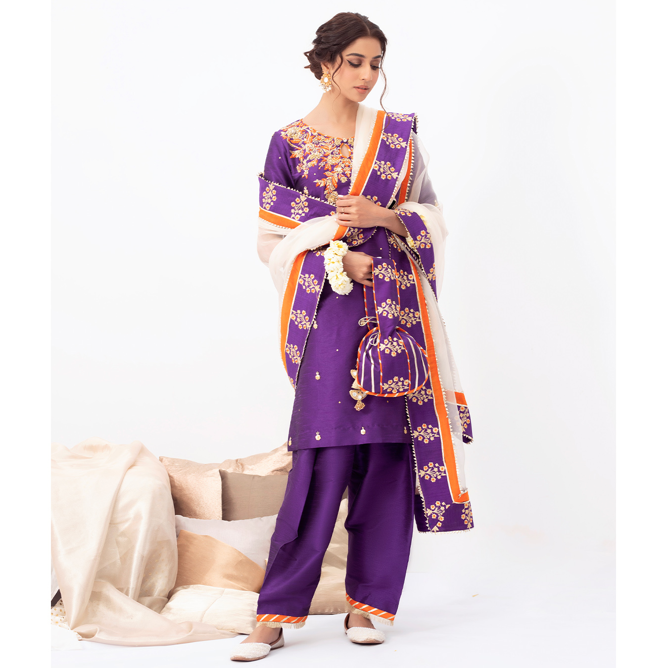 Pakistani Electric Purple Embroidered Raw Silk Shalwar Kameez (4-Piece) - Image 3