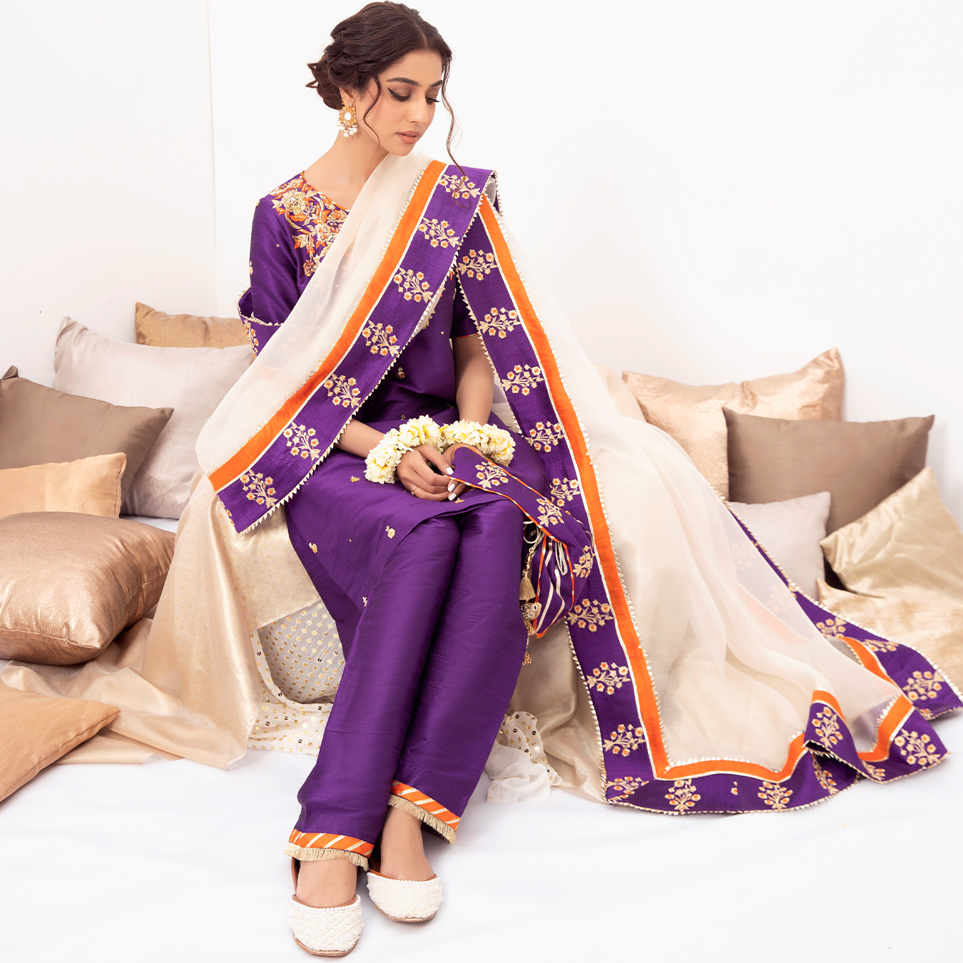 Pakistani Electric Purple Embroidered Raw Silk Shalwar Kameez (4-Piece) - Image 5