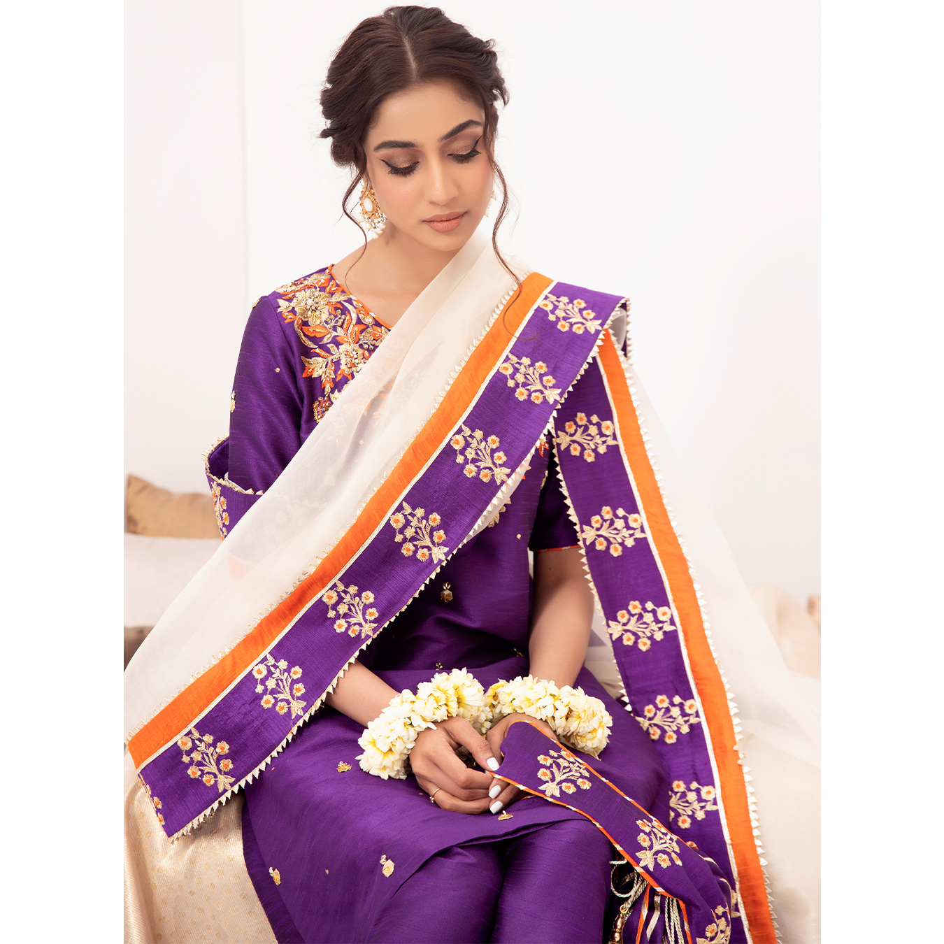 Pakistani Electric Purple Embroidered Raw Silk Shalwar Kameez (4-Piece) - Image 6