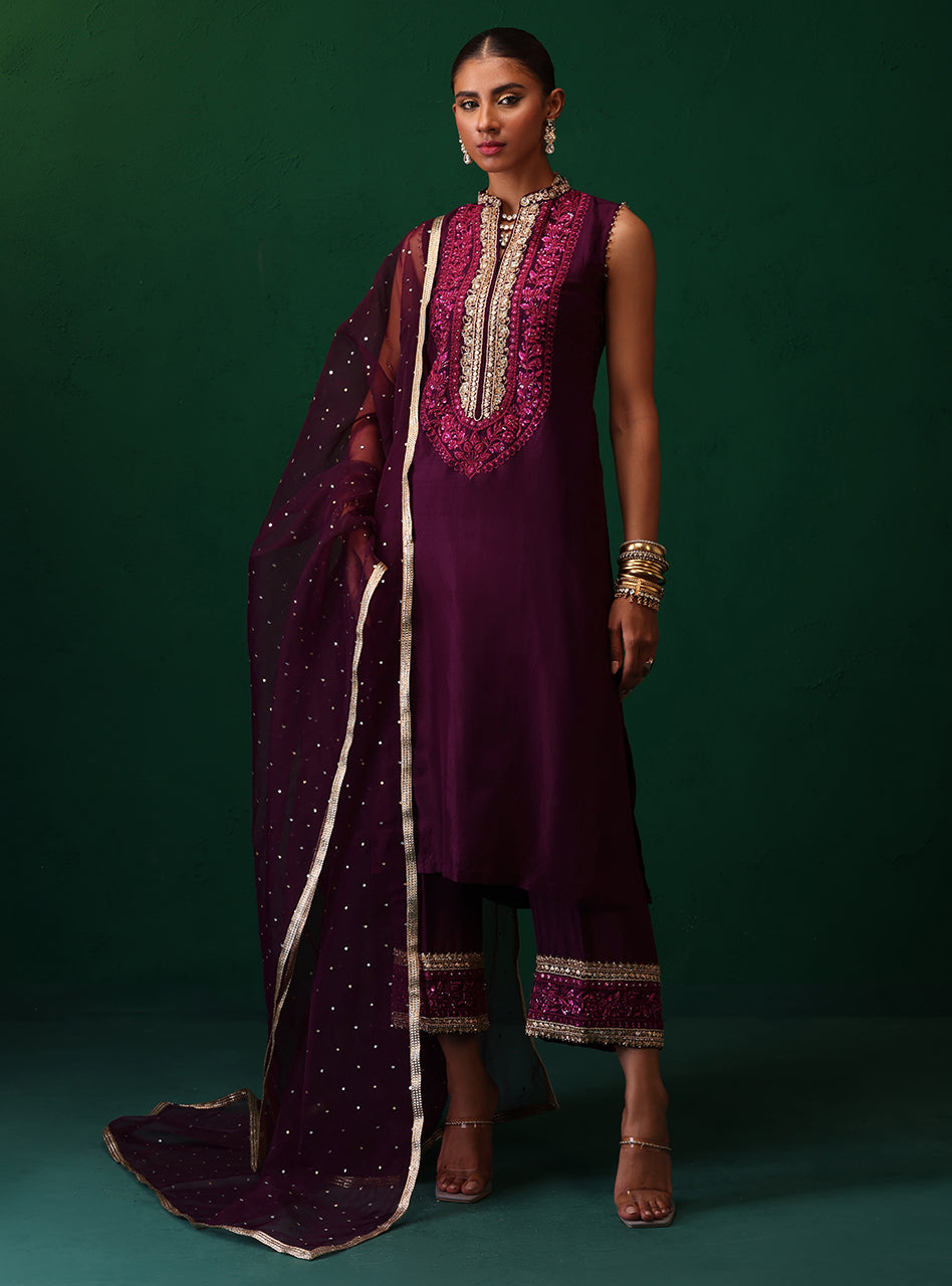 Pakistani Deep Plum Embroidered Rawsilk Organza Kurta Set (3-Piece) - Image 1