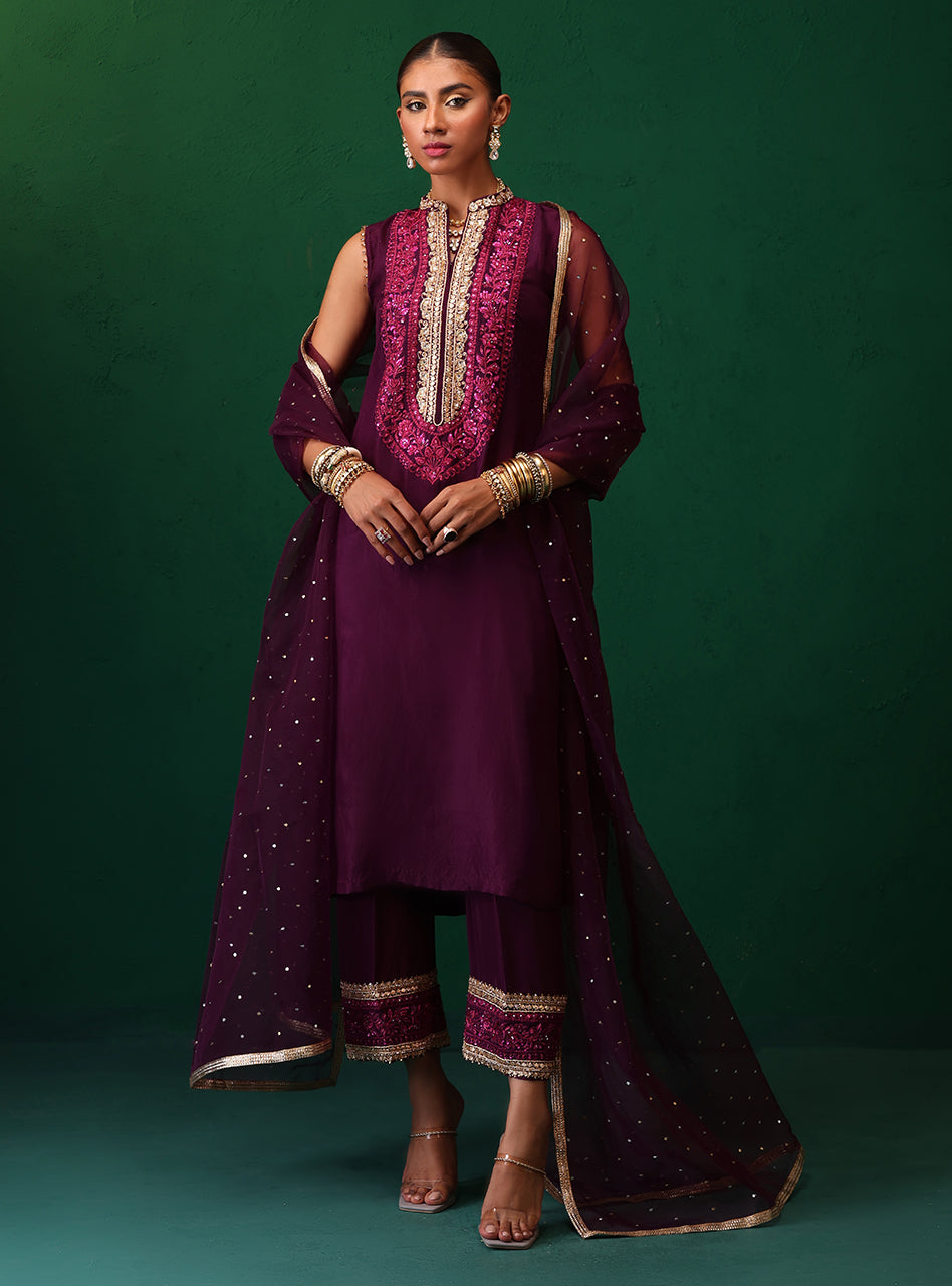 Pakistani Deep Plum Embroidered Rawsilk Organza Kurta Set (3-Piece) - Image 2