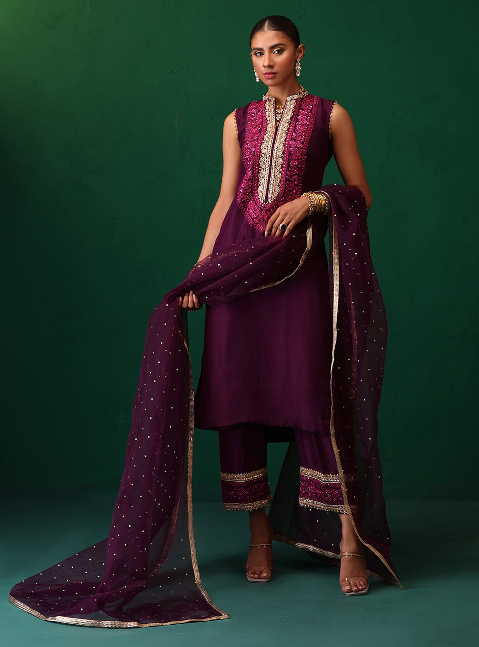 Pakistani Deep Plum Embroidered Rawsilk Organza Kurta Set (3-Piece) - Image 3