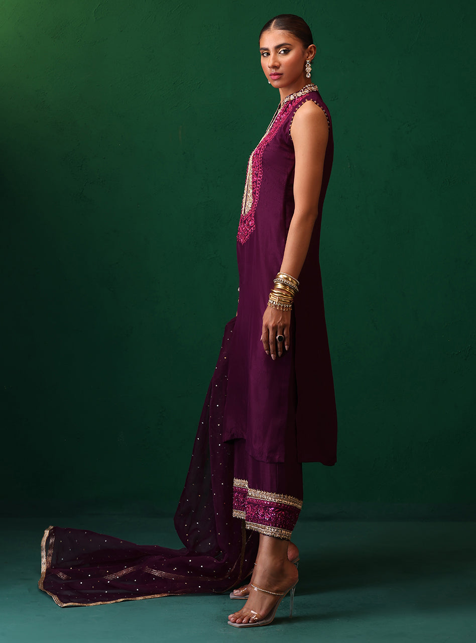Pakistani Deep Plum Embroidered Rawsilk Organza Kurta Set (3-Piece) - Image 5