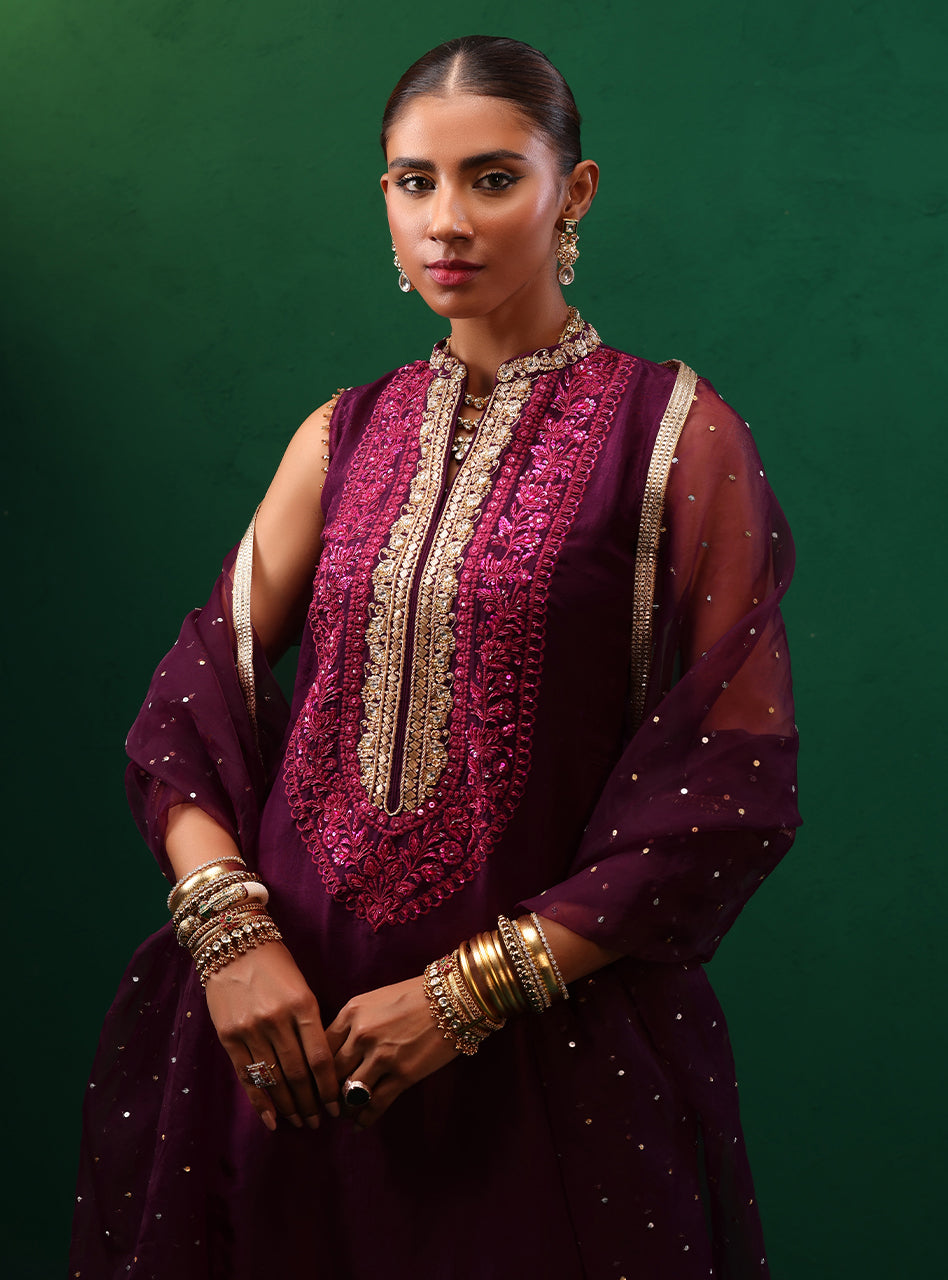 Pakistani Deep Plum Embroidered Rawsilk Organza Kurta Set (3-Piece) - Image 6