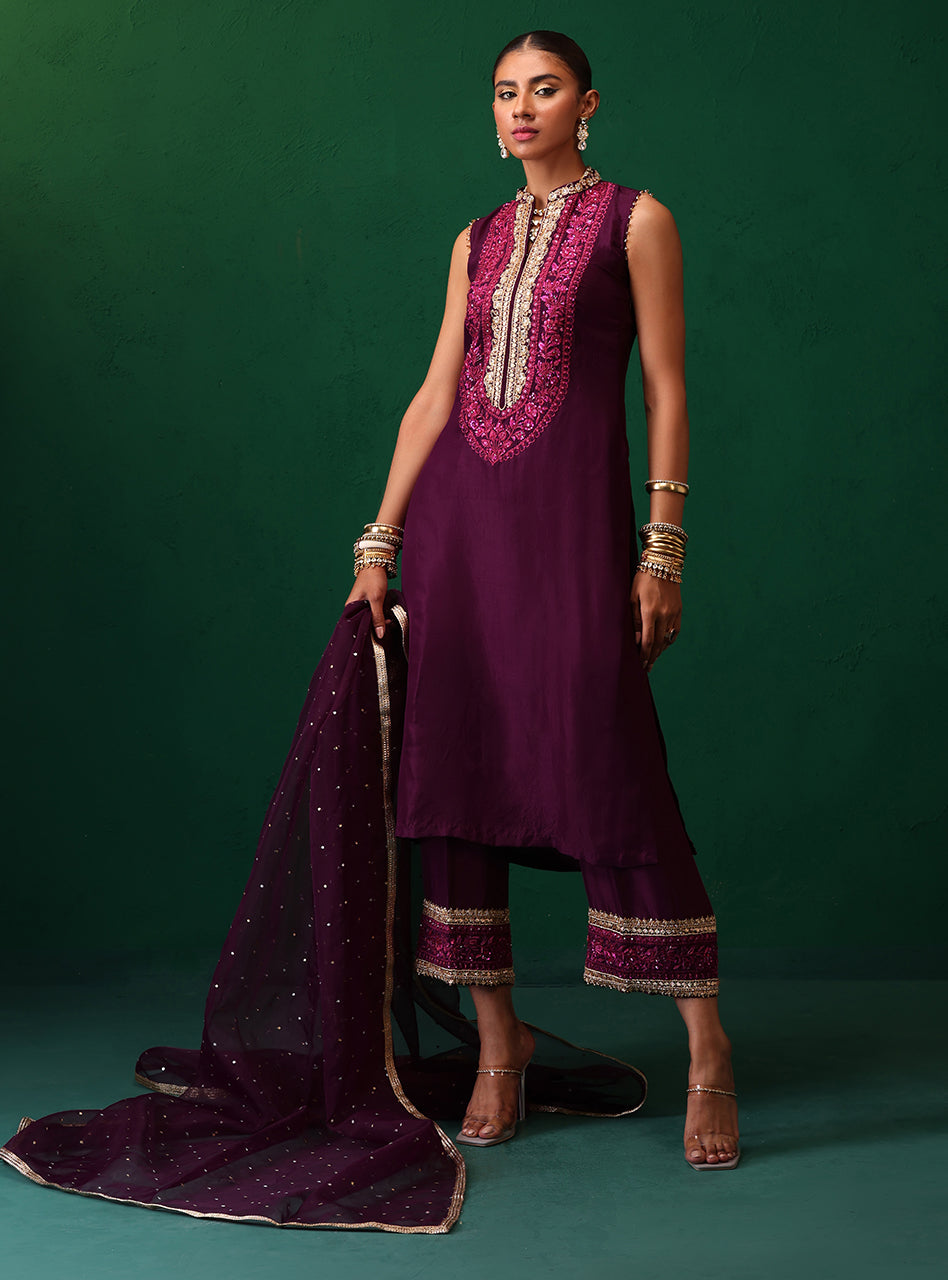 Pakistani Deep Plum Embroidered Rawsilk Organza Kurta Set (3-Piece) - Image 7