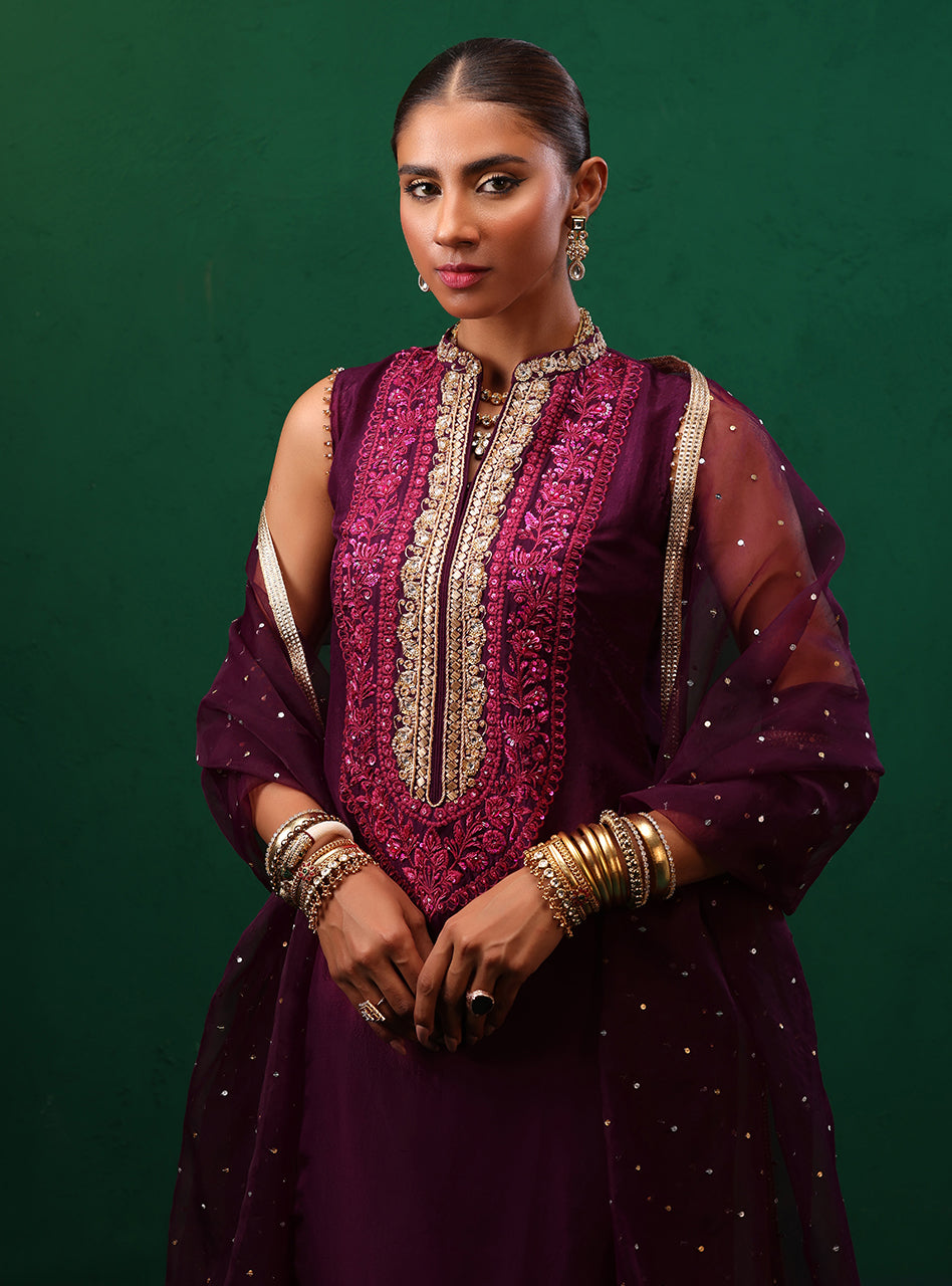 Pakistani Deep Plum Embroidered Rawsilk Organza Kurta Set (3-Piece) - Image 9