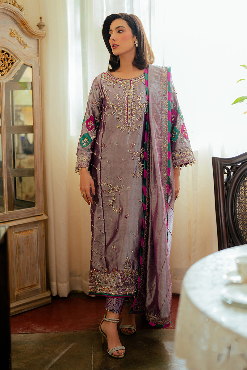 Lavender Zari Embroidered Satin Salwar Kameez (3-Piece) - Image 1