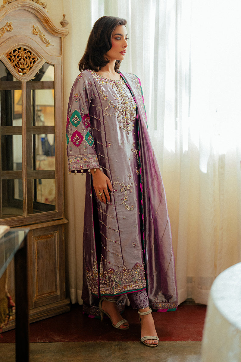 Lavender Zari Embroidered Satin Salwar Kameez (3-Piece) - Image 3