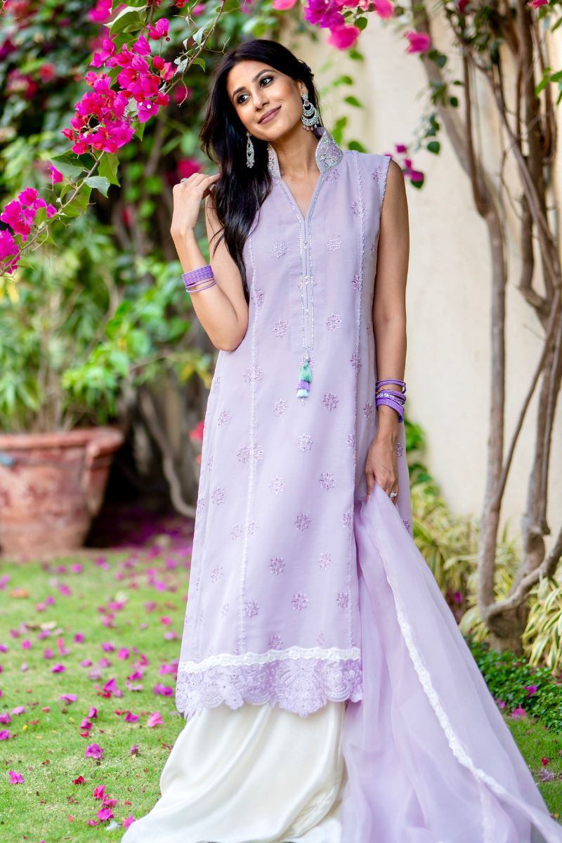 Lilac Embroidered Sheesha Silk Salwar Kameez (3-Piece) - Image 1