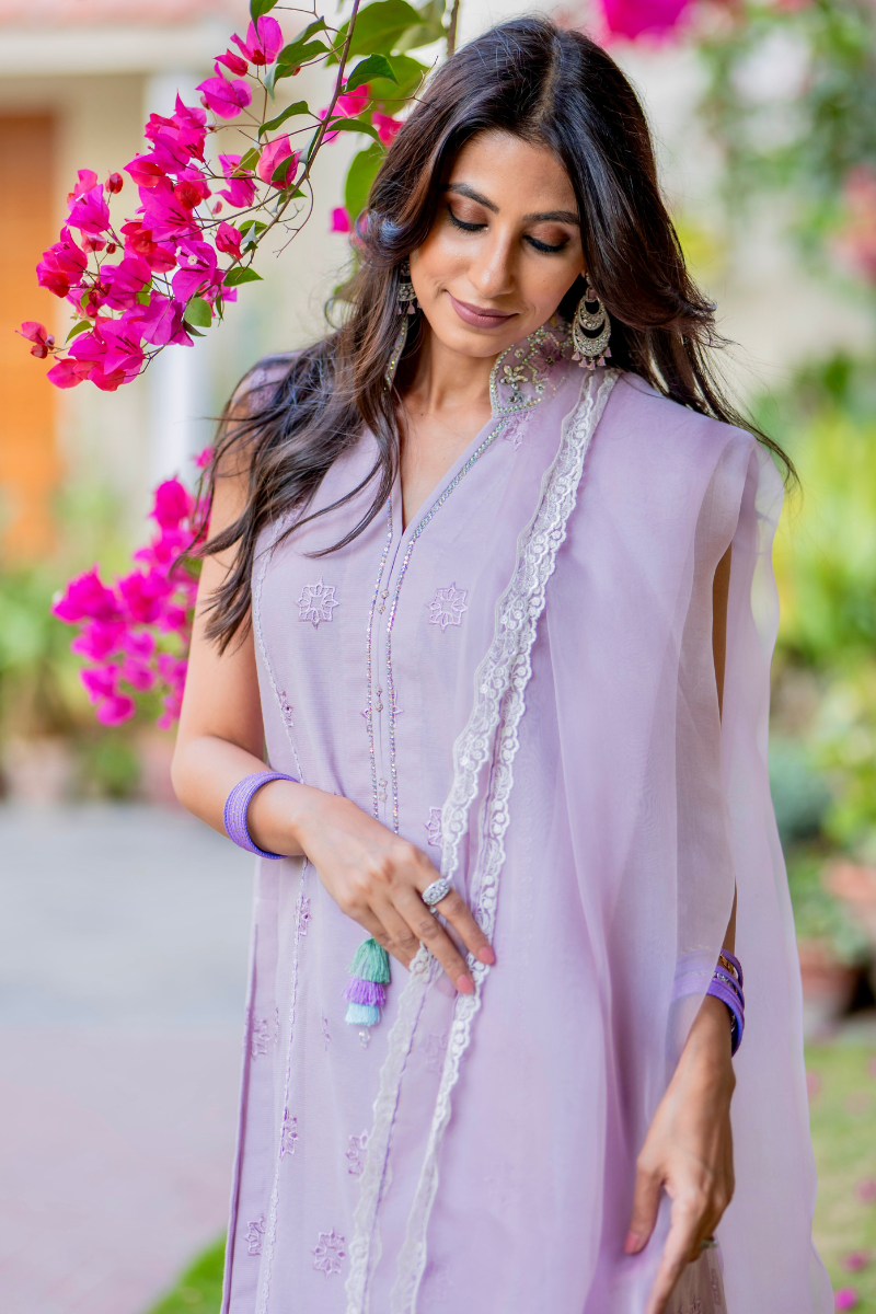 Lilac Embroidered Sheesha Silk Salwar Kameez (3-Piece) - Image 8