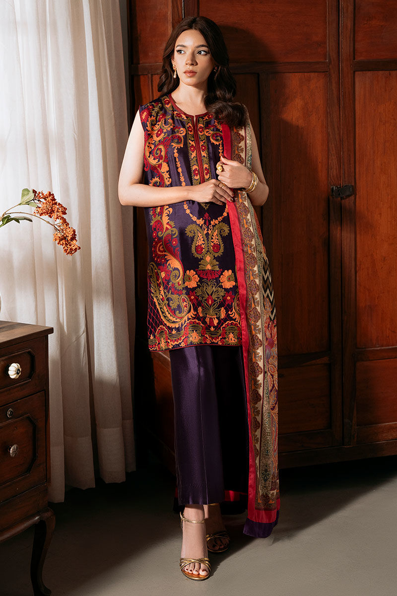 Pakistani Purple Embroidered Sheesha Silk Salwar Kameez (3-Piece) - Image 1
