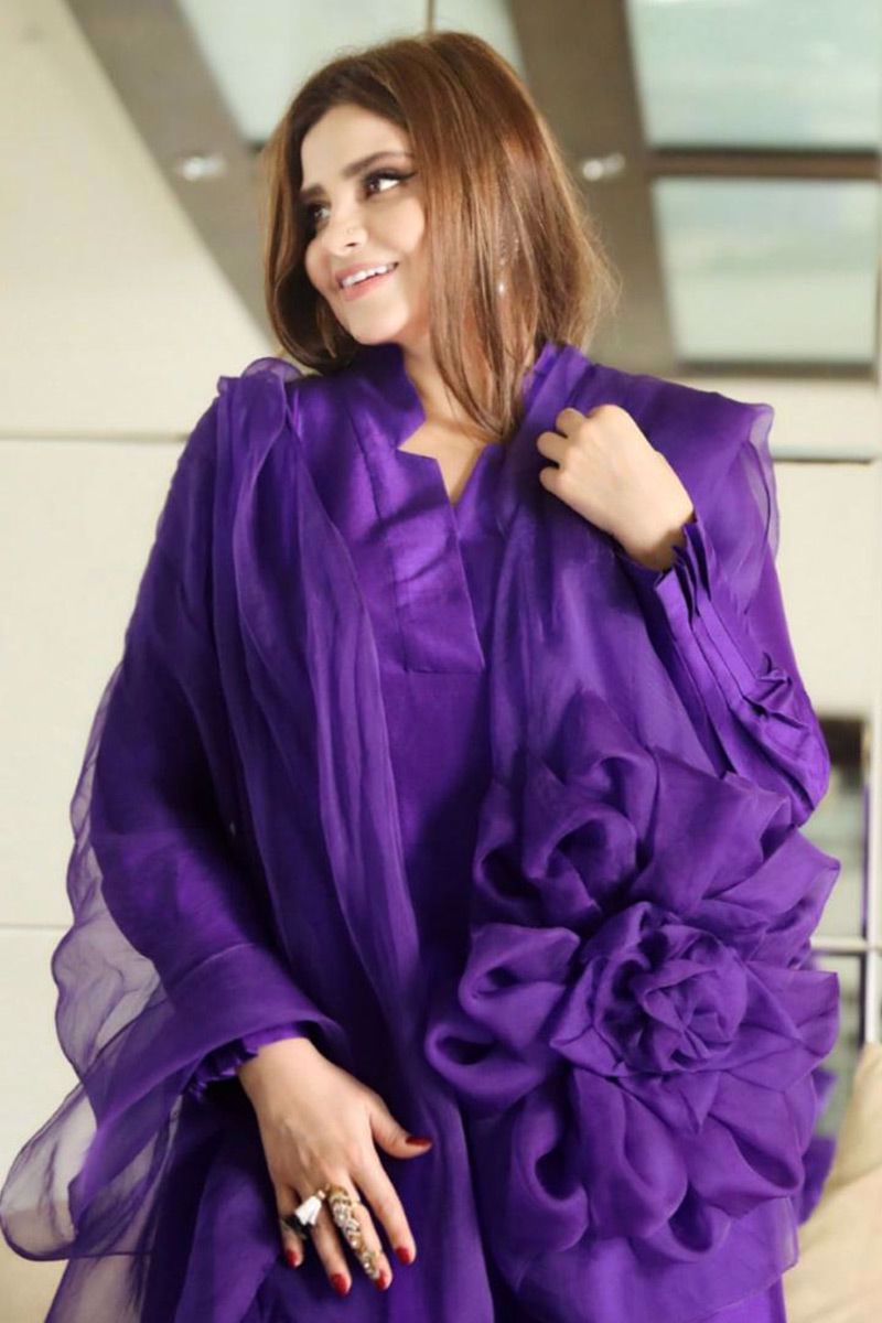 Pakistani Violet 3D Floral Silk-Blend Salwar Kameez (3-Piece) - Image 1